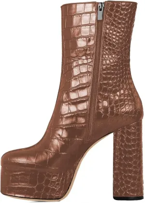 FSJ Women Gorgeous Platform Ankle Boots Closed Round Toe Chunky High Heel Pull On Shoes Size 4-15 US