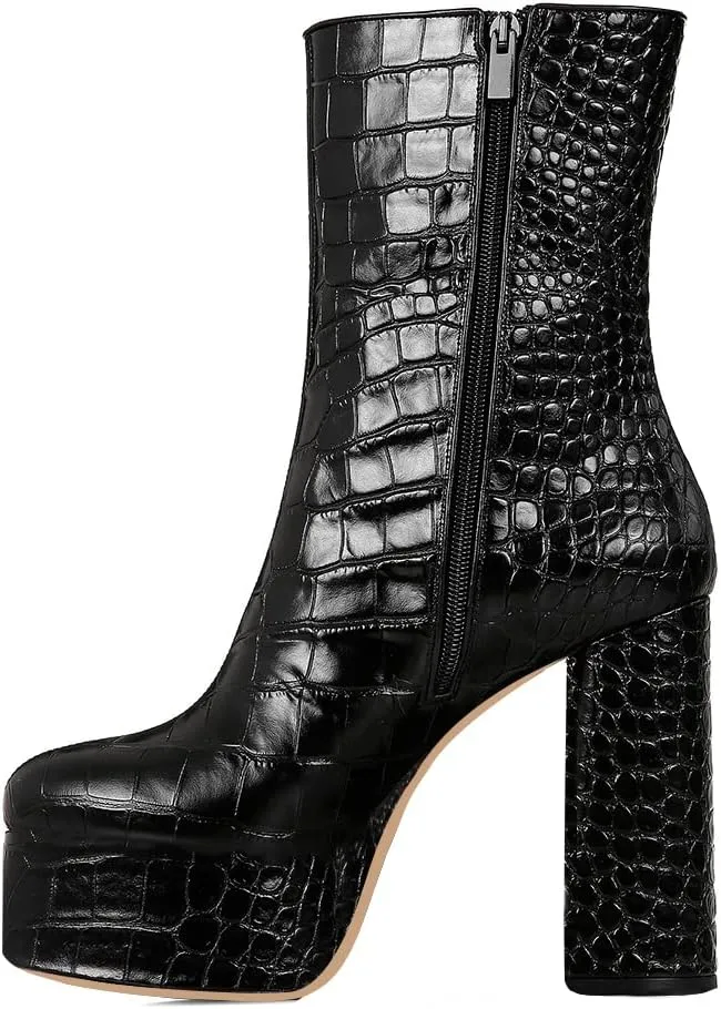 FSJ Women Gorgeous Platform Ankle Boots Closed Round Toe Chunky High Heel Pull On Shoes Size 4-15 US