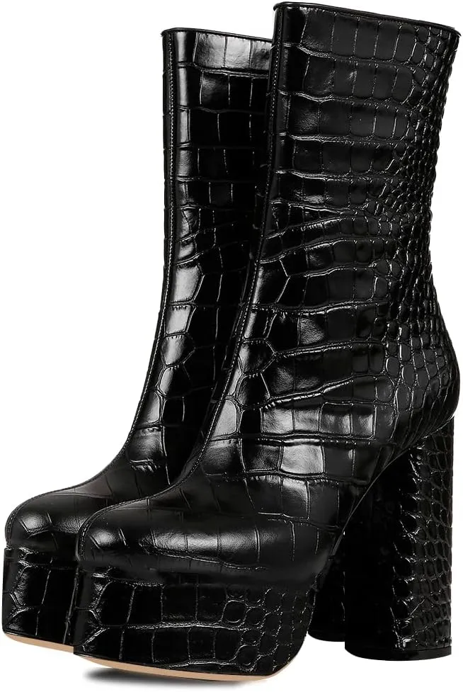 FSJ Women Gorgeous Platform Ankle Boots Closed Round Toe Chunky High Heel Pull On Shoes Size 4-15 US