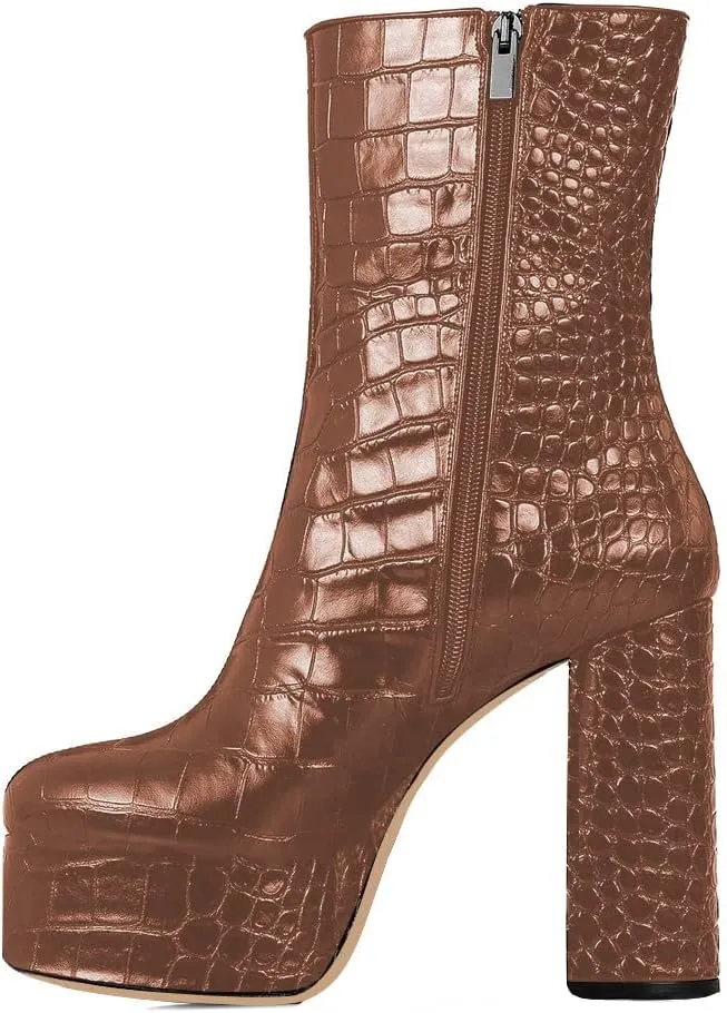 FSJ Women Gorgeous Platform Ankle Boots Closed Round Toe Chunky High Heel Pull On Shoes Size 4-15 US