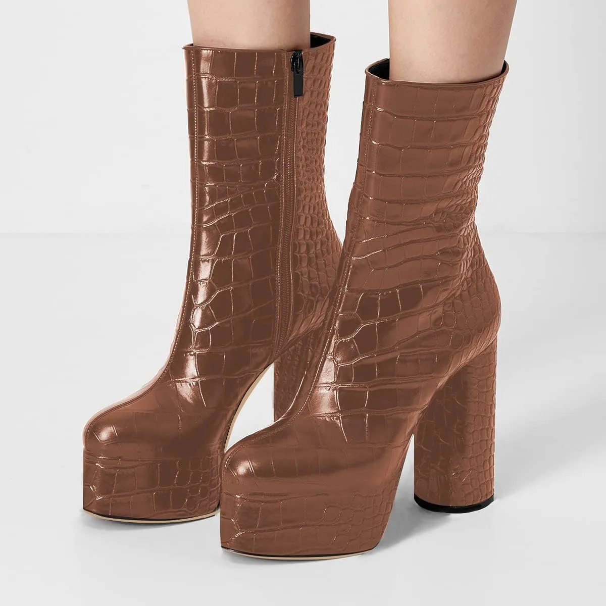 FSJ Women Gorgeous Platform Ankle Boots Closed Round Toe Chunky High Heel Pull On Shoes Size 4-15 US