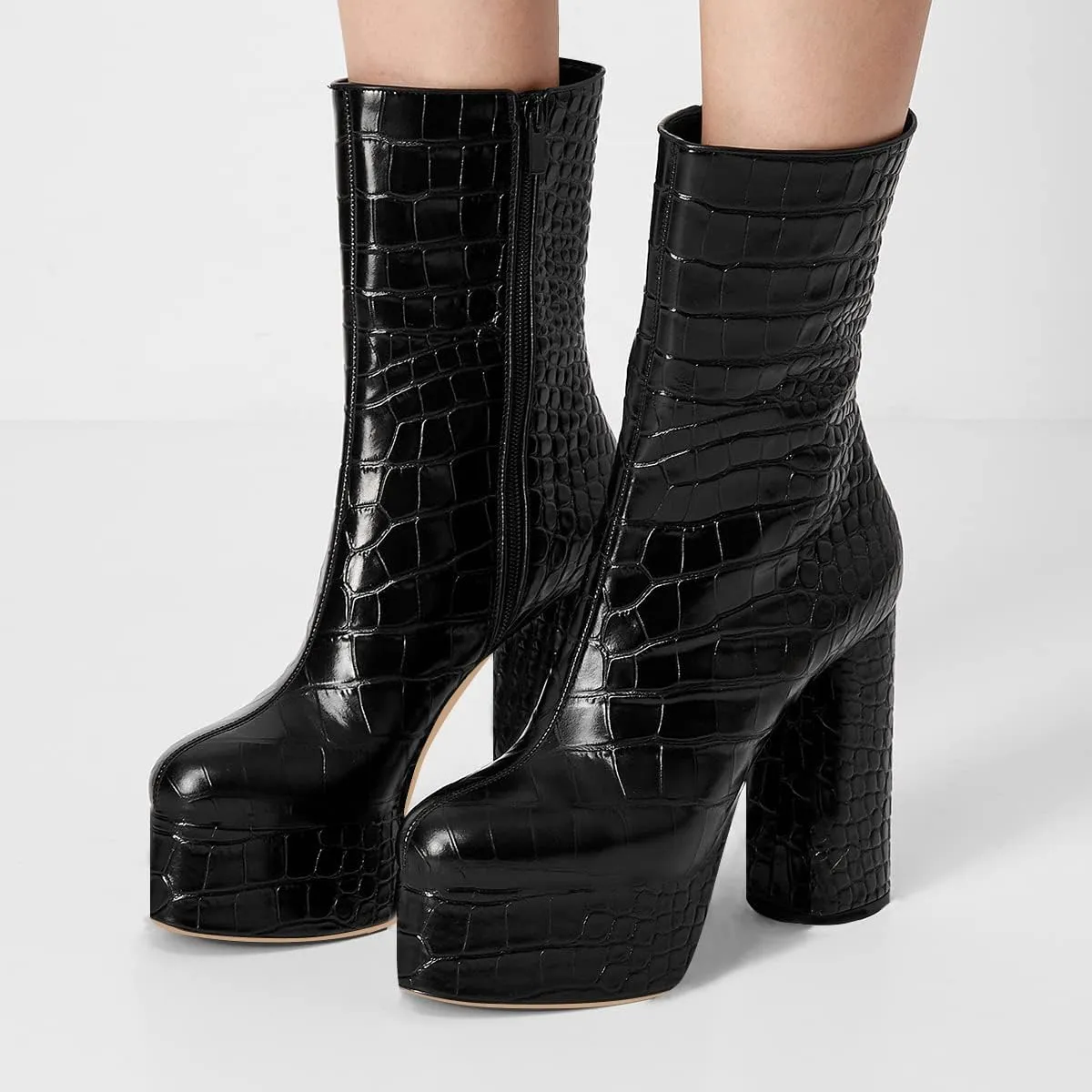 FSJ Women Gorgeous Platform Ankle Boots Closed Round Toe Chunky High Heel Pull On Shoes Size 4-15 US