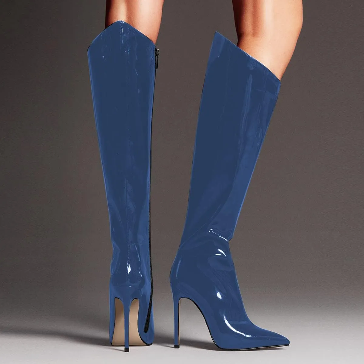 FSJ Women Patent Leather PU Pointed Toe Knee High Booties Winter Waterproof Slim High Heel Mid-Calf Boots Side Zipper Trendy Boots Size 4-15 US