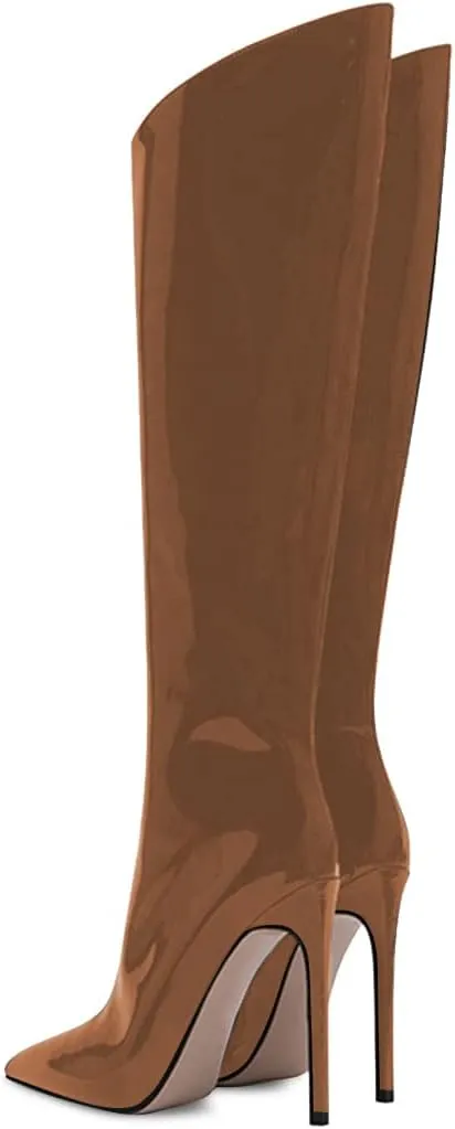 FSJ Women Patent Leather PU Pointed Toe Knee High Booties Winter Waterproof Slim High Heel Mid-Calf Boots Side Zipper Trendy Boots Size 4-15 US