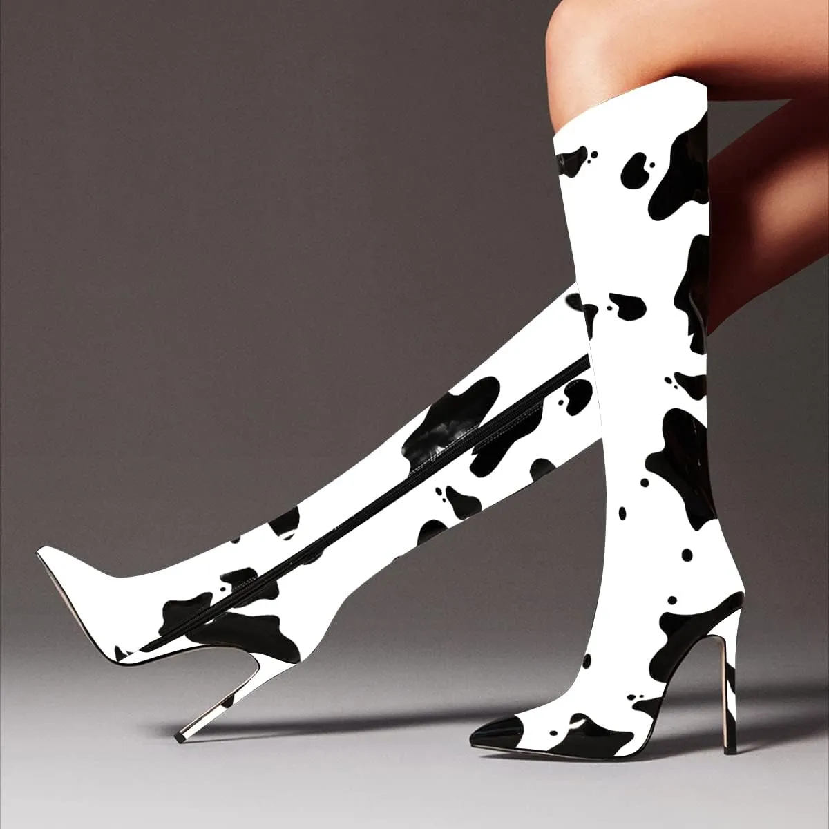 FSJ Women Patent Leather PU Pointed Toe Knee High Booties Winter Waterproof Slim High Heel Mid-Calf Boots Side Zipper Trendy Boots Size 4-15 US