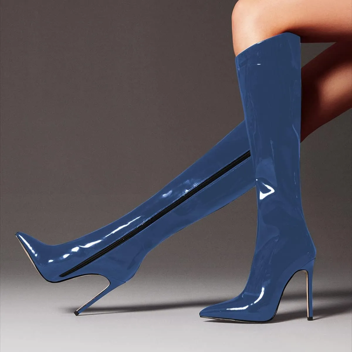 FSJ Women Patent Leather PU Pointed Toe Knee High Booties Winter Waterproof Slim High Heel Mid-Calf Boots Side Zipper Trendy Boots Size 4-15 US