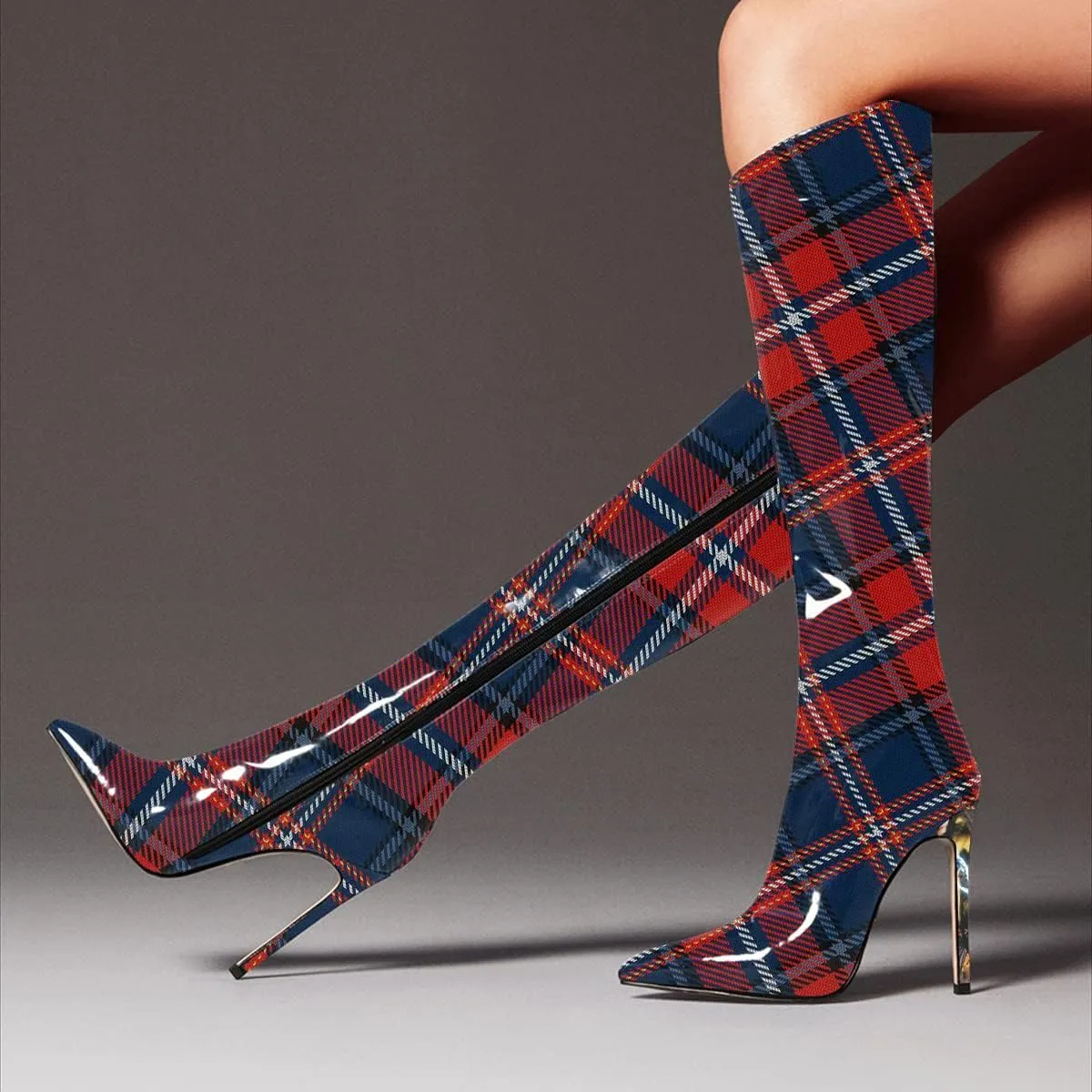 FSJ Women Patent Leather PU Pointed Toe Knee High Booties Winter Waterproof Slim High Heel Mid-Calf Boots Side Zipper Trendy Boots Size 4-15 US