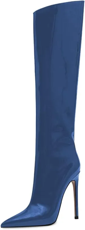 FSJ Women Patent Leather PU Pointed Toe Knee High Booties Winter Waterproof Slim High Heel Mid-Calf Boots Side Zipper Trendy Boots Size 4-15 US