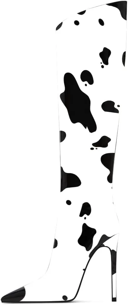 FSJ Women Patent Leather PU Pointed Toe Knee High Booties Winter Waterproof Slim High Heel Mid-Calf Boots Side Zipper Trendy Boots Size 4-15 US