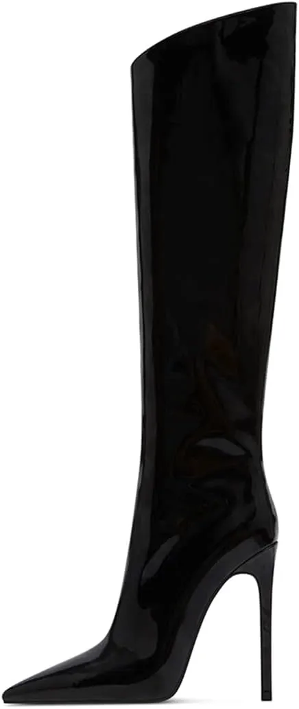 FSJ Women Patent Leather PU Pointed Toe Knee High Booties Winter Waterproof Slim High Heel Mid-Calf Boots Side Zipper Trendy Boots Size 4-15 US