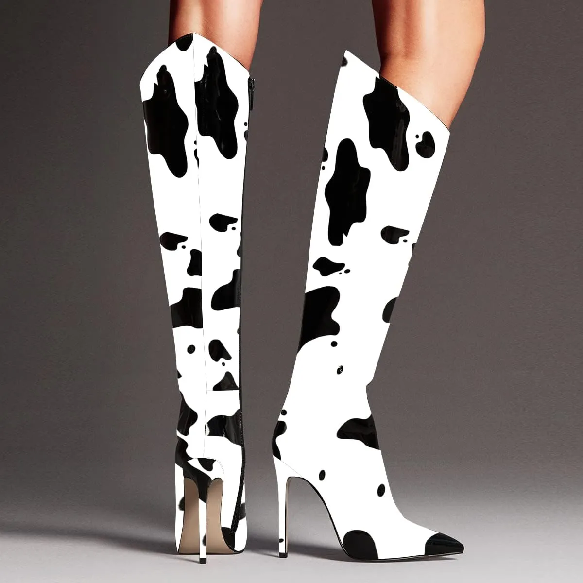 FSJ Women Patent Leather PU Pointed Toe Knee High Booties Winter Waterproof Slim High Heel Mid-Calf Boots Side Zipper Trendy Boots Size 4-15 US