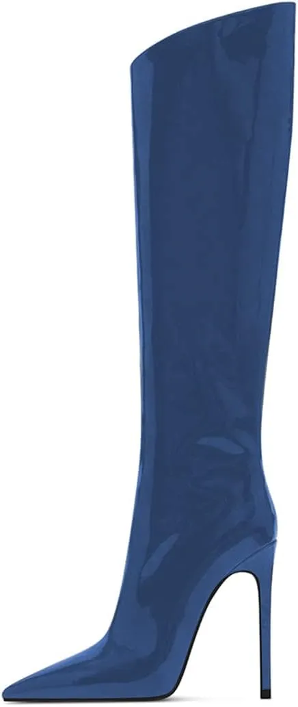 FSJ Women Patent Leather PU Pointed Toe Knee High Booties Winter Waterproof Slim High Heel Mid-Calf Boots Side Zipper Trendy Boots Size 4-15 US