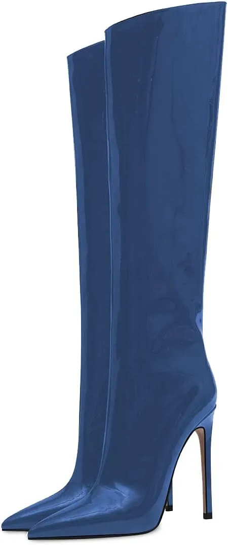 FSJ Women Patent Leather PU Pointed Toe Knee High Booties Winter Waterproof Slim High Heel Mid-Calf Boots Side Zipper Trendy Boots Size 4-15 US
