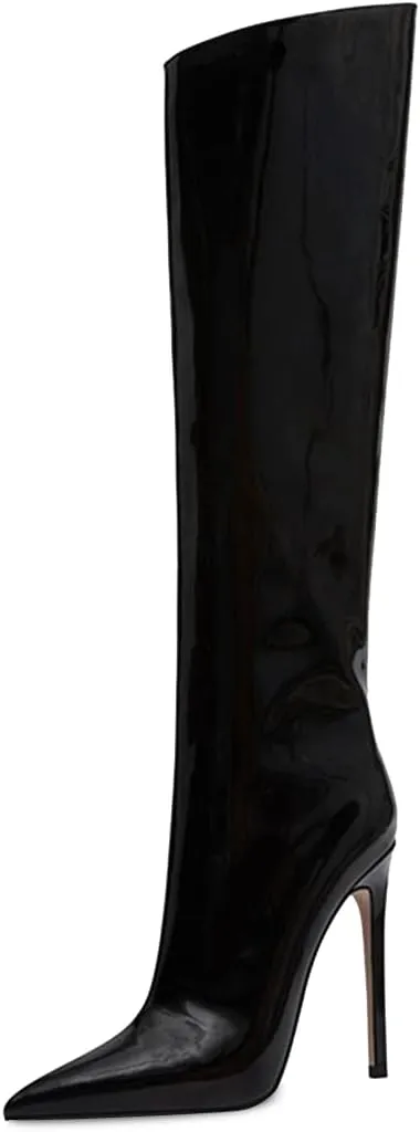 FSJ Women Patent Leather PU Pointed Toe Knee High Booties Winter Waterproof Slim High Heel Mid-Calf Boots Side Zipper Trendy Boots Size 4-15 US