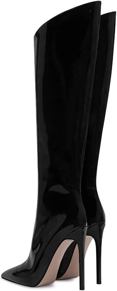 FSJ Women Patent Leather PU Pointed Toe Knee High Booties Winter Waterproof Slim High Heel Mid-Calf Boots Side Zipper Trendy Boots Size 4-15 US