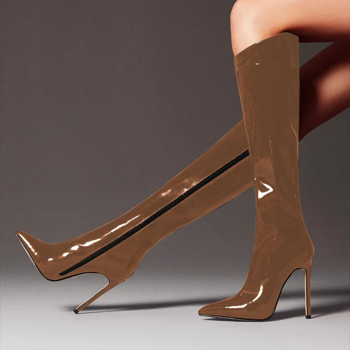 FSJ Women Patent Leather PU Pointed Toe Knee High Booties Winter Waterproof Slim High Heel Mid-Calf Boots Side Zipper Trendy Boots Size 4-15 US