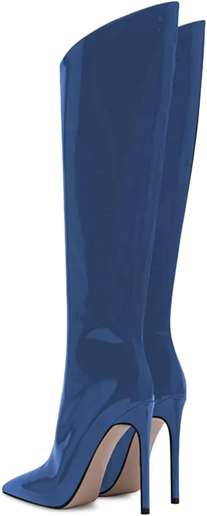 FSJ Women Patent Leather PU Pointed Toe Knee High Booties Winter Waterproof Slim High Heel Mid-Calf Boots Side Zipper Trendy Boots Size 4-15 US