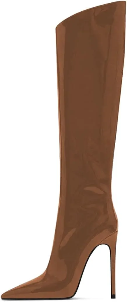 FSJ Women Patent Leather PU Pointed Toe Knee High Booties Winter Waterproof Slim High Heel Mid-Calf Boots Side Zipper Trendy Boots Size 4-15 US