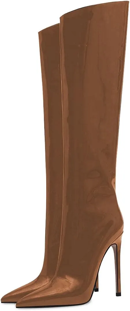 FSJ Women Patent Leather PU Pointed Toe Knee High Booties Winter Waterproof Slim High Heel Mid-Calf Boots Side Zipper Trendy Boots Size 4-15 US