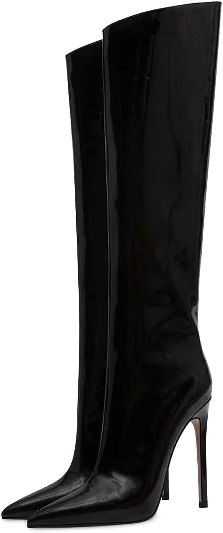 FSJ Women Patent Leather PU Pointed Toe Knee High Booties Winter Waterproof Slim High Heel Mid-Calf Boots Side Zipper Trendy Boots Size 4-15 US