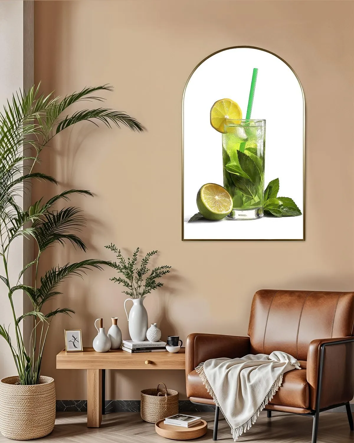 FUIENCFKE Canvas Wall Art with Golden Frames Arch Cold drink lime mint ice white Canvas Prints Painting Picture Home Wall Decor Artworks Ready to Hang 20"x36"