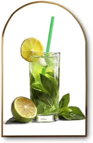 FUIENCFKE Canvas Wall Art with Golden Frames Arch Cold drink lime mint ice white Canvas Prints Painting Picture Home Wall Decor Artworks Ready to Hang 20"x36"