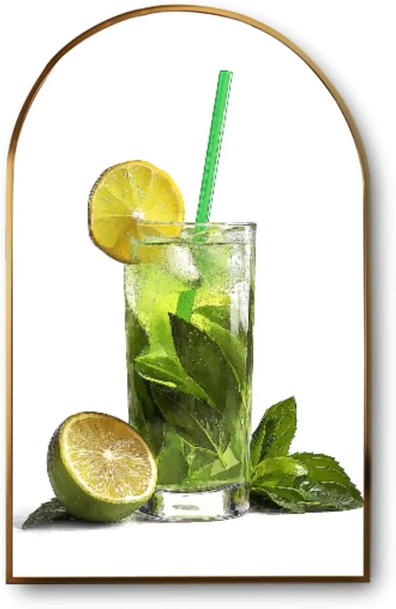 FUIENCFKE Canvas Wall Art with Golden Frames Arch Cold drink lime mint ice white Canvas Prints Painting Picture Home Wall Decor Artworks Ready to Hang 20"x36"