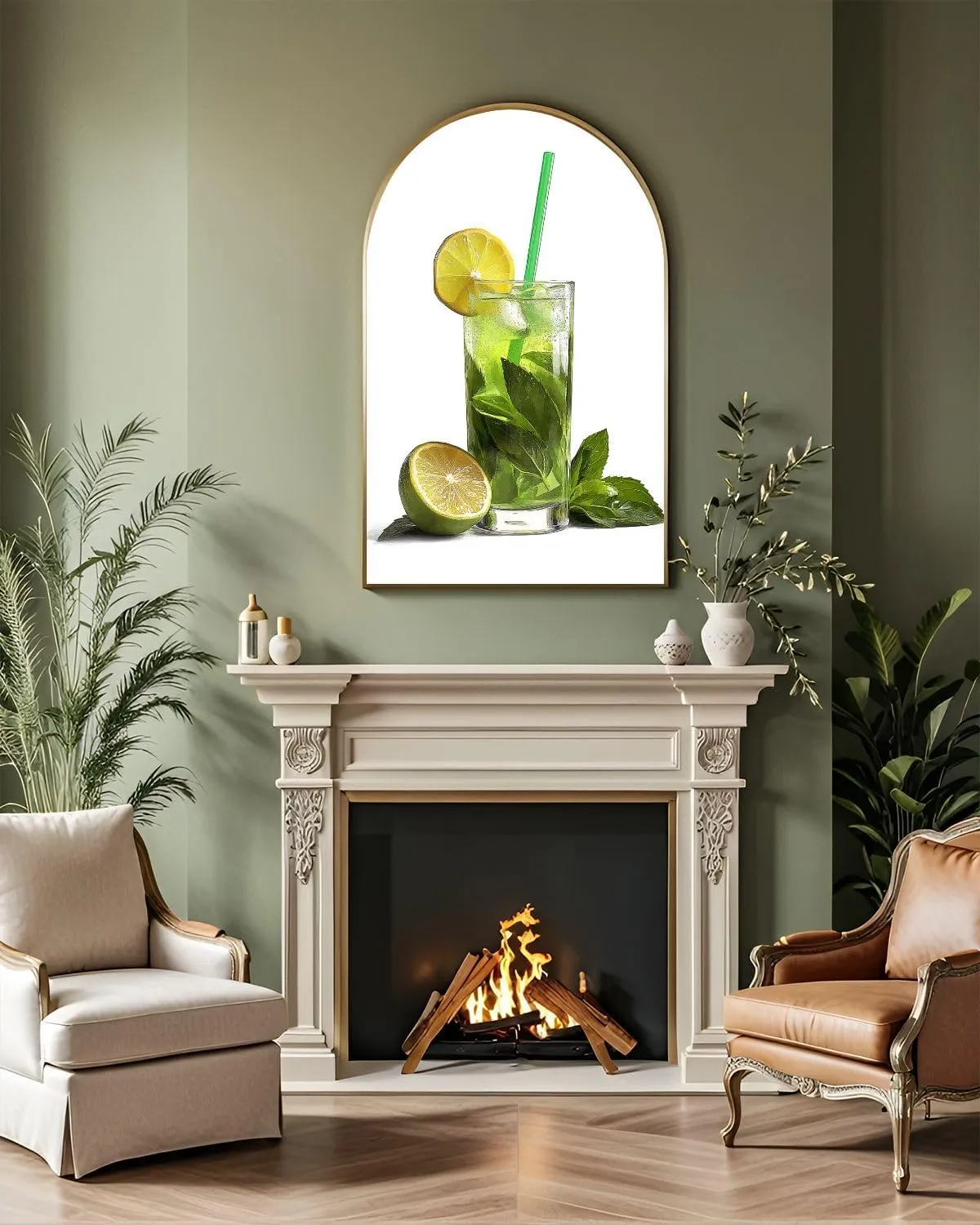 FUIENCFKE Canvas Wall Art with Golden Frames Arch Cold drink lime mint ice white Canvas Prints Painting Picture Home Wall Decor Artworks Ready to Hang 20"x36"