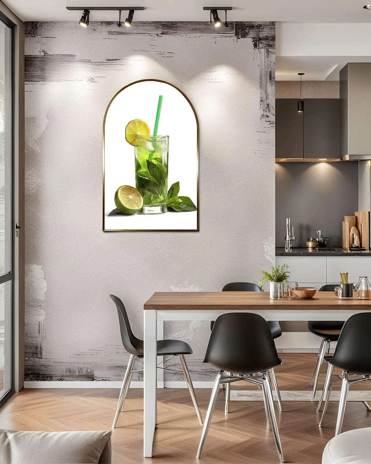 FUIENCFKE Canvas Wall Art with Golden Frames Arch Cold drink lime mint ice white Canvas Prints Painting Picture Home Wall Decor Artworks Ready to Hang 20"x36"