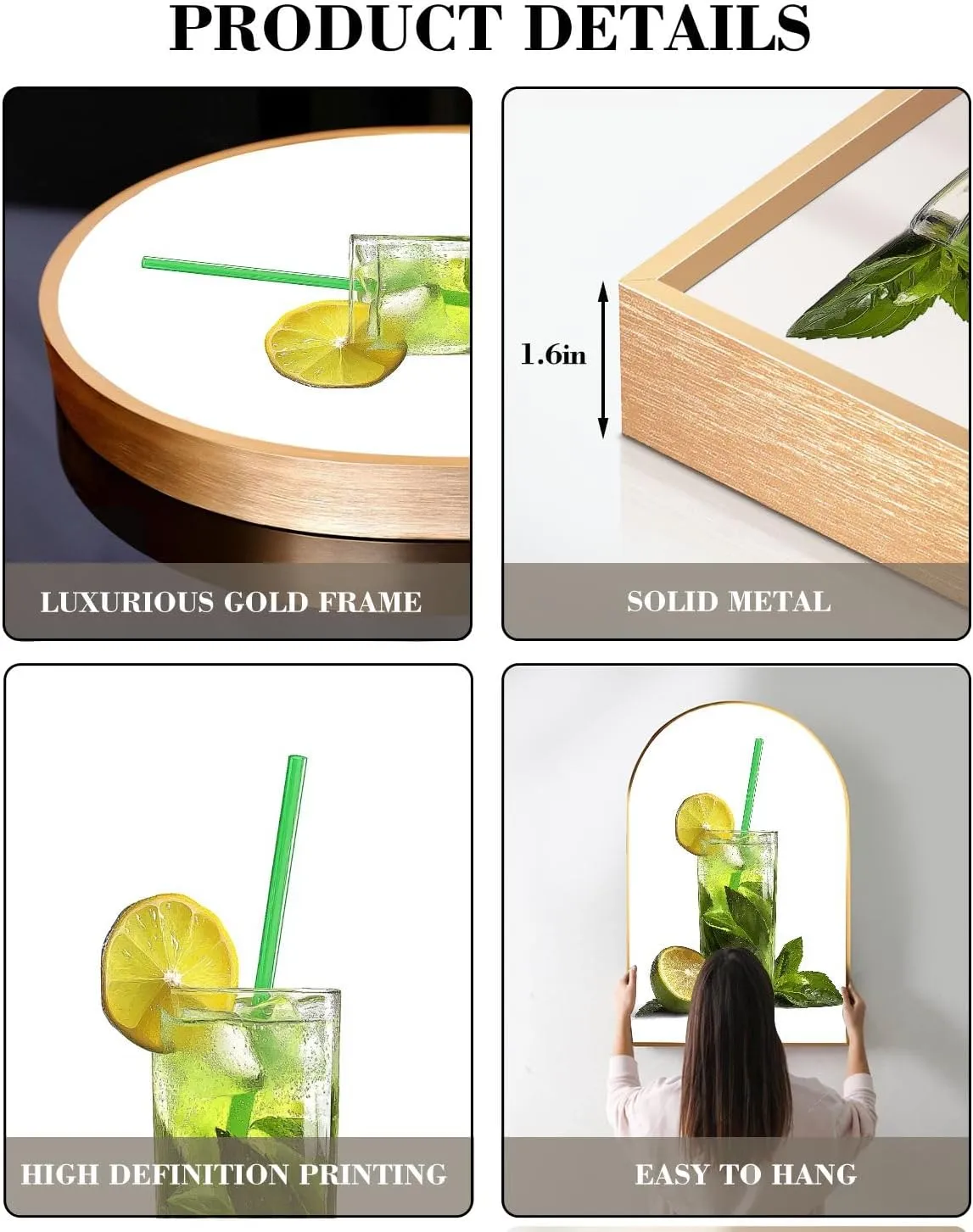FUIENCFKE Canvas Wall Art with Golden Frames Arch Cold drink lime mint ice white Canvas Prints Painting Picture Home Wall Decor Artworks Ready to Hang 20"x36"