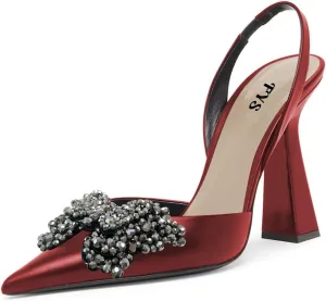 FYS Women Pretty Elegant Slip on Pointed Toe Slingback Sandals D'Orsay Pumps Butterfly Crystal Rhinestones Chunky High Heel Slide Shoes Dress Wedding Prom Shoes Size 4-15 US