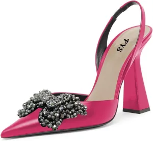 FYS Women Pretty Elegant Slip on Pointed Toe Slingback Sandals D'Orsay Pumps Butterfly Crystal Rhinestones Chunky High Heel Slide Shoes Dress Wedding Prom Shoes Size 4-15 US