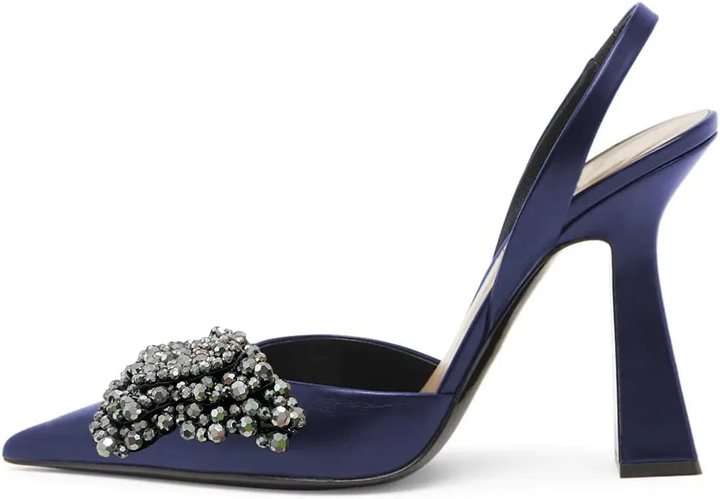 FYS Women Pretty Elegant Slip on Pointed Toe Slingback Sandals D'Orsay Pumps Butterfly Crystal Rhinestones Chunky High Heel Slide Shoes Dress Wedding Prom Shoes Size 4-15 US