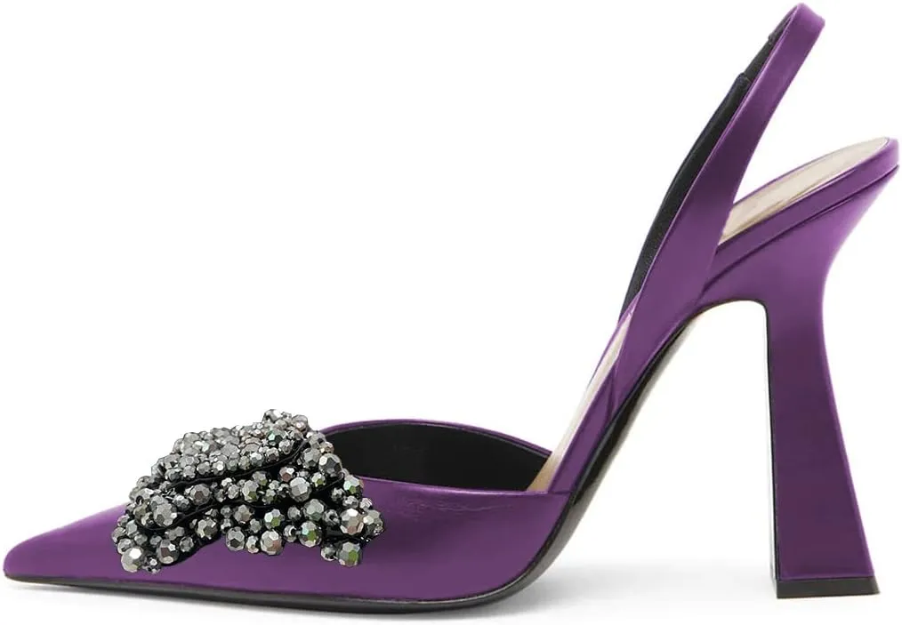 FYS Women Pretty Elegant Slip on Pointed Toe Slingback Sandals D'Orsay Pumps Butterfly Crystal Rhinestones Chunky High Heel Slide Shoes Dress Wedding Prom Shoes Size 4-15 US