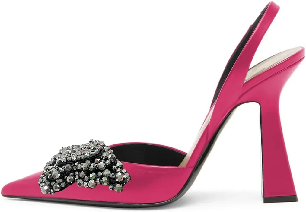 FYS Women Pretty Elegant Slip on Pointed Toe Slingback Sandals D'Orsay Pumps Butterfly Crystal Rhinestones Chunky High Heel Slide Shoes Dress Wedding Prom Shoes Size 4-15 US