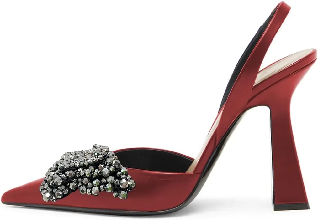 FYS Women Pretty Elegant Slip on Pointed Toe Slingback Sandals D'Orsay Pumps Butterfly Crystal Rhinestones Chunky High Heel Slide Shoes Dress Wedding Prom Shoes Size 4-15 US