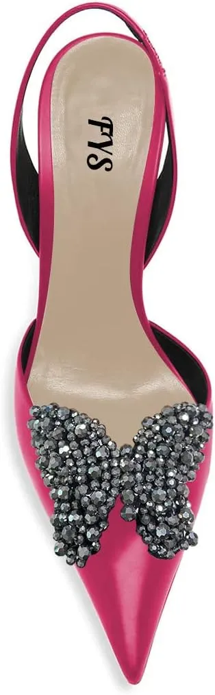 FYS Women Pretty Elegant Slip on Pointed Toe Slingback Sandals D'Orsay Pumps Butterfly Crystal Rhinestones Chunky High Heel Slide Shoes Dress Wedding Prom Shoes Size 4-15 US