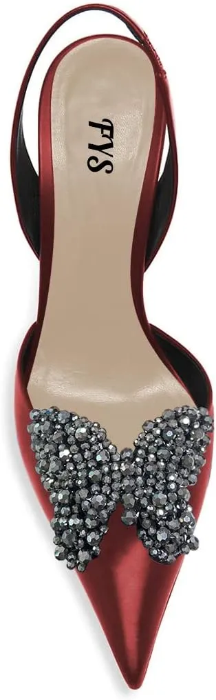 FYS Women Pretty Elegant Slip on Pointed Toe Slingback Sandals D'Orsay Pumps Butterfly Crystal Rhinestones Chunky High Heel Slide Shoes Dress Wedding Prom Shoes Size 4-15 US