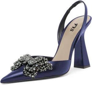 FYS Women Pretty Elegant Slip on Pointed Toe Slingback Sandals D'Orsay Pumps Butterfly Crystal Rhinestones Chunky High Heel Slide Shoes Dress Wedding Prom Shoes Size 4-15 US