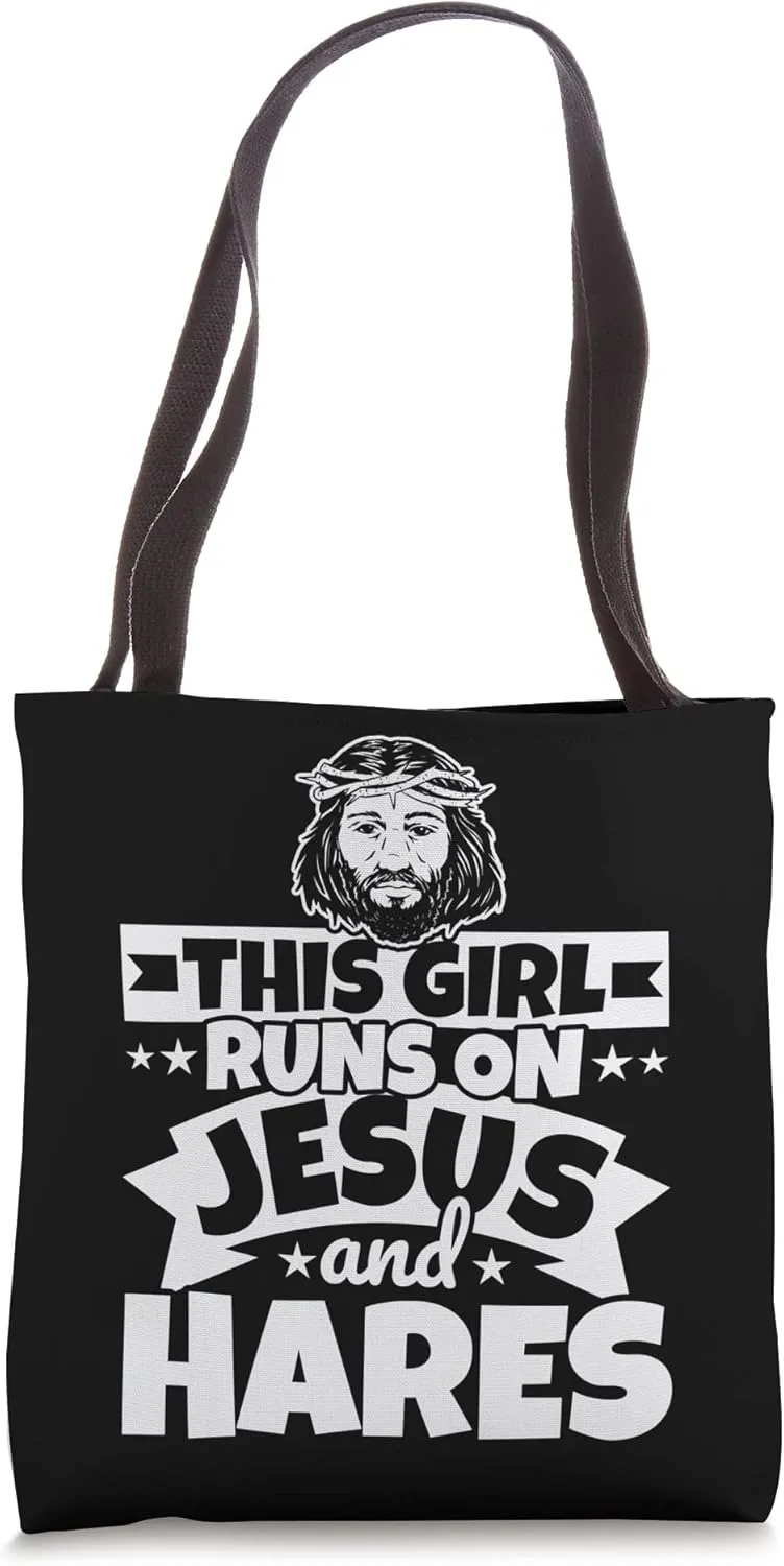 Girl runs on Jesus and Hares Tote Bag
