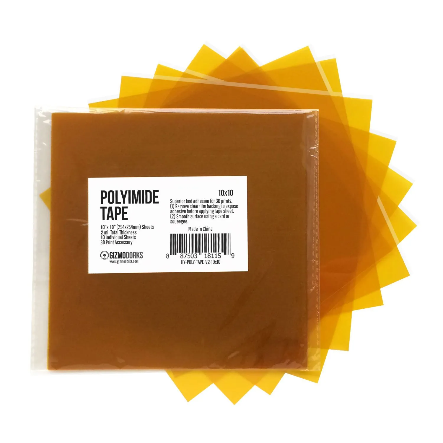 Gizmo Dorks Kapton Tape (Polyimide) for 3D Printer Build Plate, 10 x 10 inches, 10 Sheets per Pack
