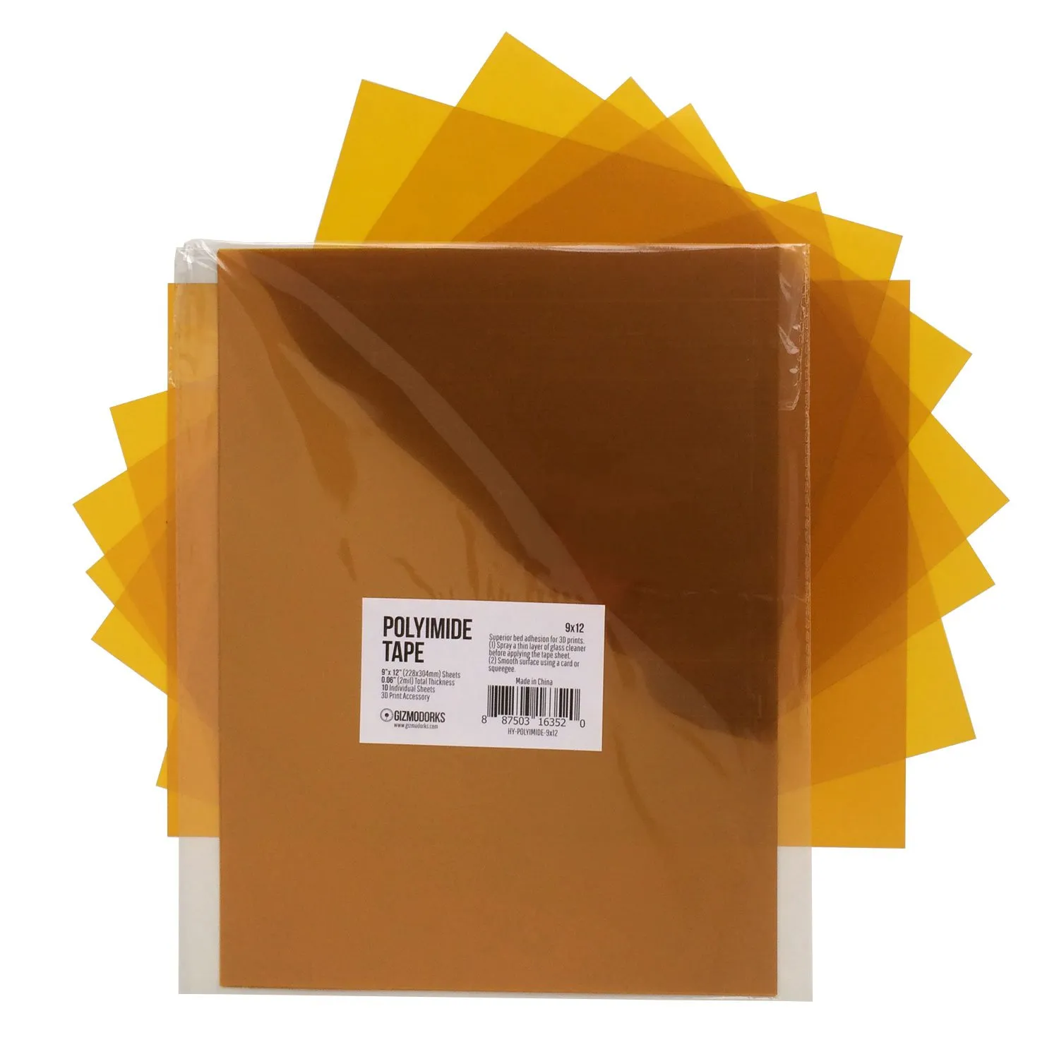 Gizmo Dorks Kapton Tape Polyimide for 3D Printers and Printing, 9 x 12 inches, 10 Sheets per Pack