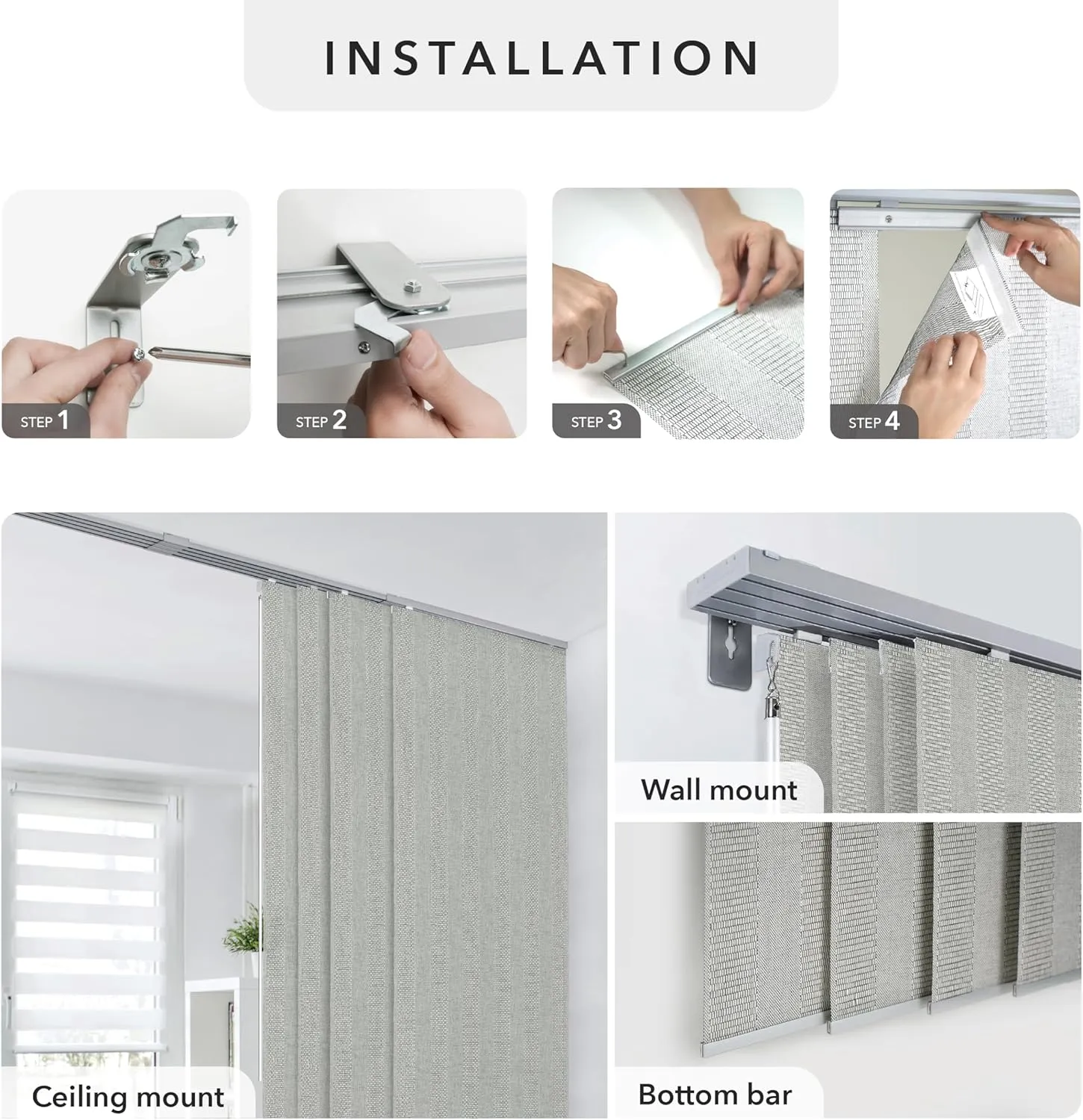 GoDear Design Adjustable Vertical Blinds for Patio Doors, Room Divider, Panel Track Blinds for Sliding Closet Doors, Extendable Track from 45.8" to 86" W, Trimmable Panel Curtains Up to 96" H, Crystal
