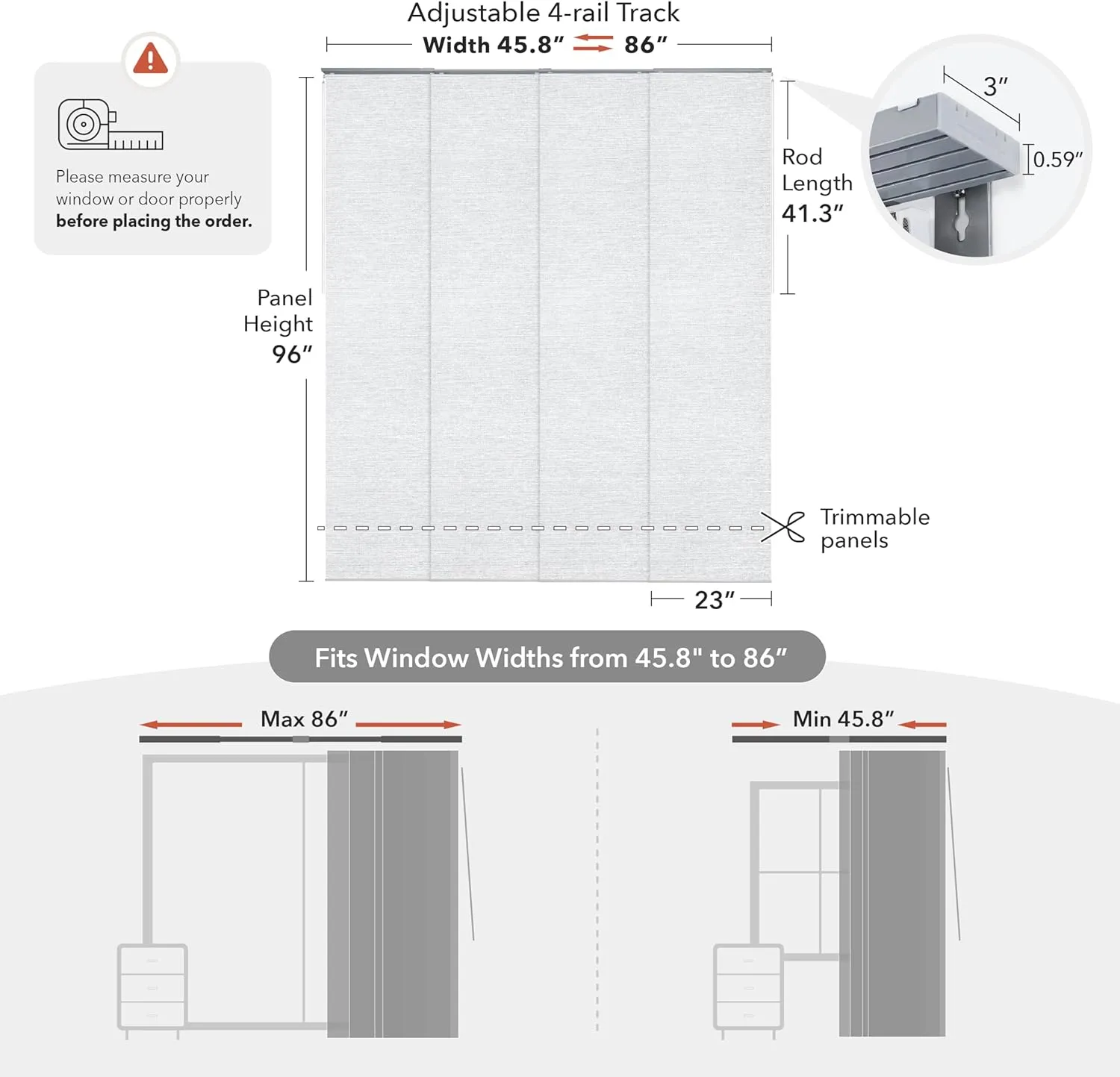 GoDear Design Adjustable Vertical Blinds for Patio Doors, Room Divider, Panel Track Blinds for Sliding Closet Doors, Extendable Track from 45.8" to 86" W, Trimmable Panel Curtains Up to 96" H, Crystal