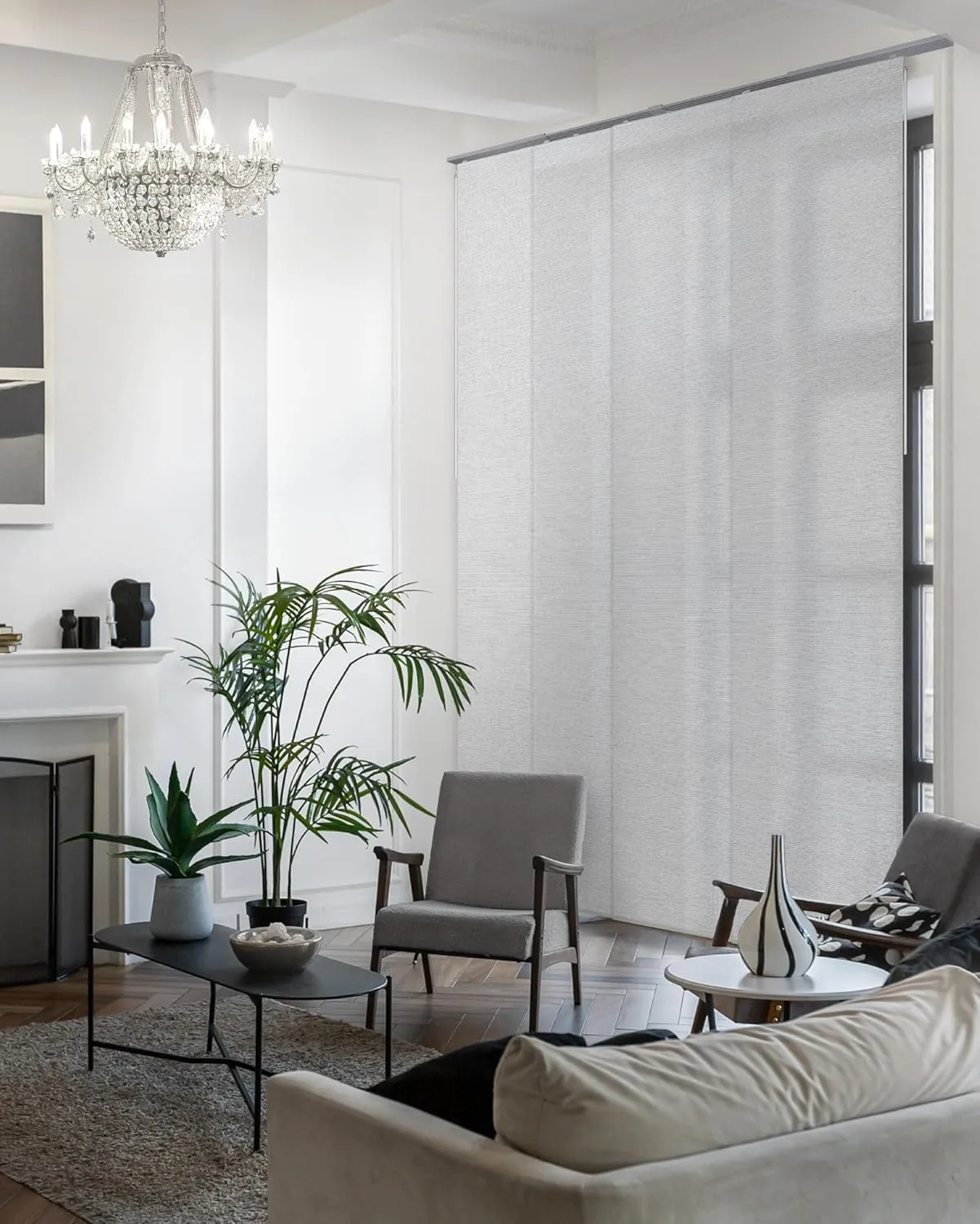 GoDear Design Adjustable Vertical Blinds for Patio Doors, Room Divider, Panel Track Blinds for Sliding Closet Doors, Extendable Track from 45.8" to 86" W, Trimmable Panel Curtains Up to 96" H, Crystal