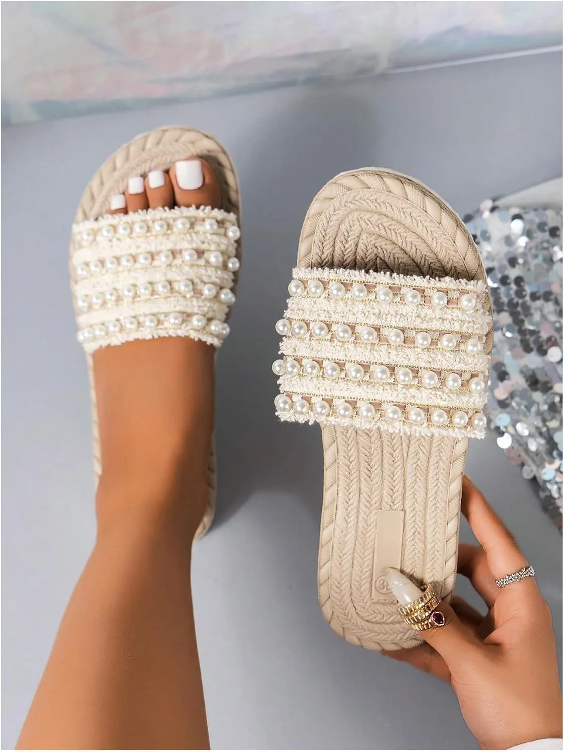 GORGLITTER Women's Pearls Beaded Straw Flat Sandals Braided Beach Open Toe Slip On Slide Sandals