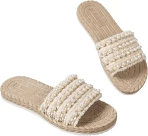 GORGLITTER Women's Pearls Beaded Straw Flat Sandals Braided Beach Open Toe Slip On Slide Sandals