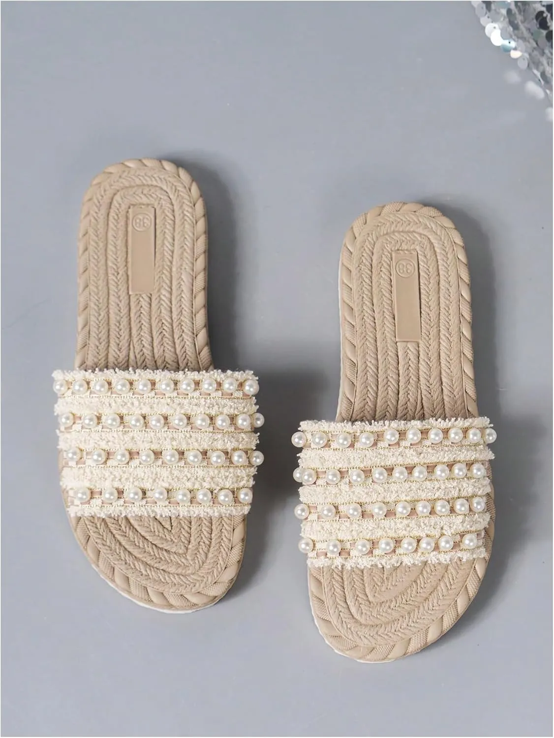 GORGLITTER Women's Pearls Beaded Straw Flat Sandals Braided Beach Open Toe Slip On Slide Sandals