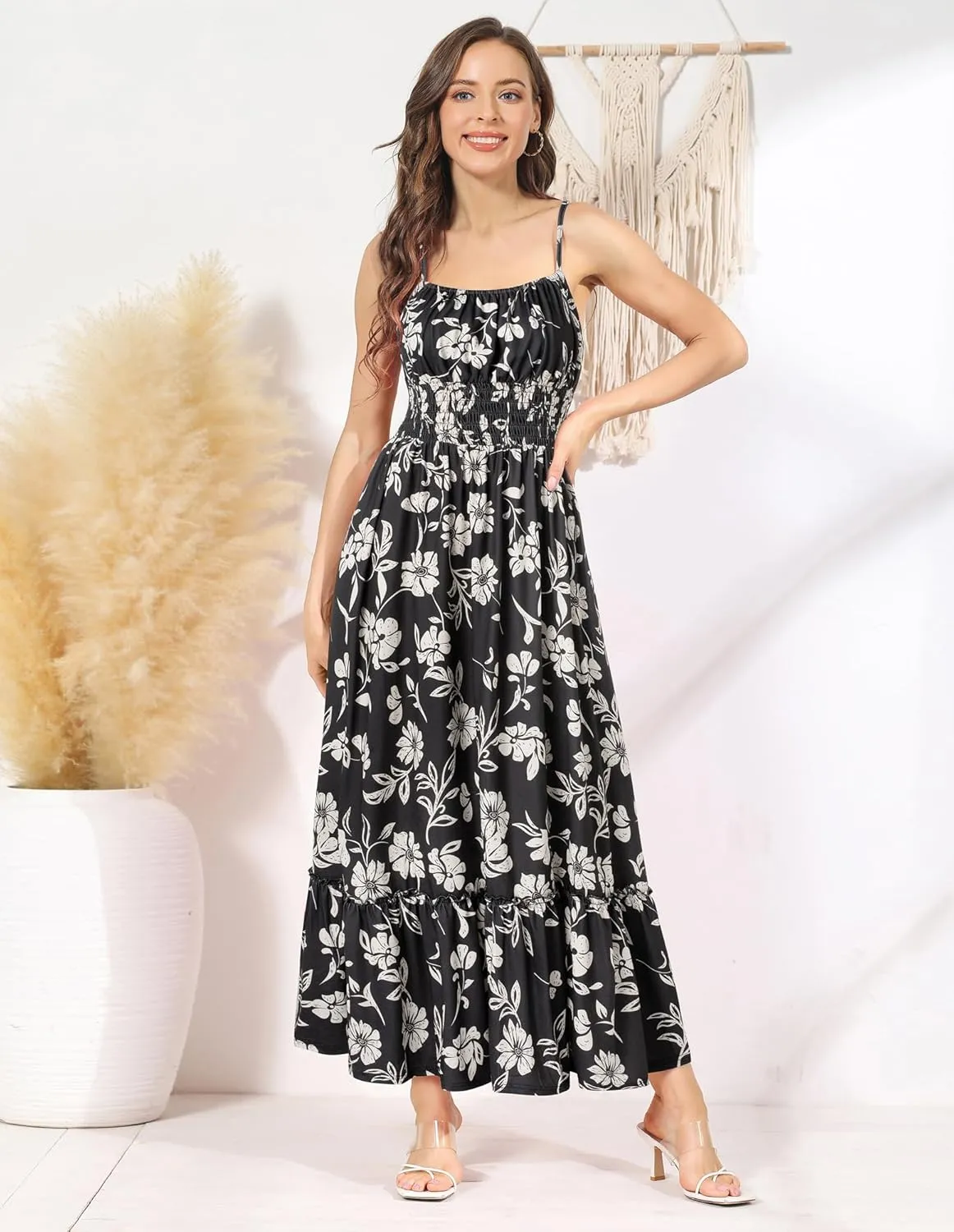 GRACE KARIN Womens 2025 Summer Maxi Dress Sleeveless Floral Spaghetti Strap Smocked Boho Beach Long Dress with Pockets