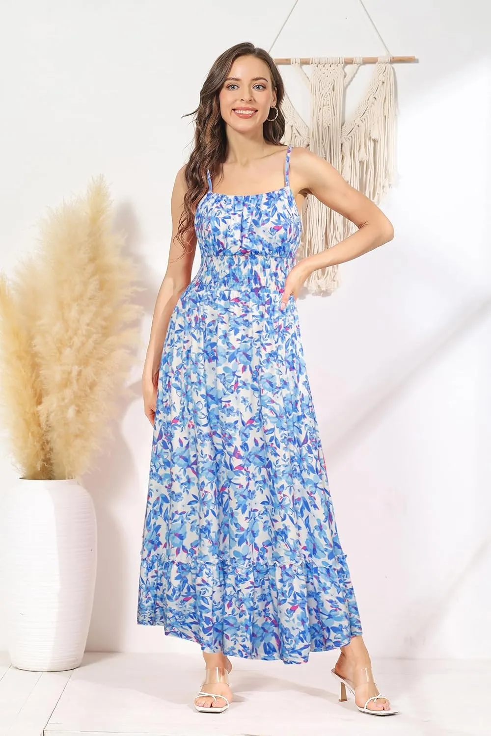GRACE KARIN Womens 2025 Summer Maxi Dress Sleeveless Floral Spaghetti Strap Smocked Boho Beach Long Dress with Pockets
